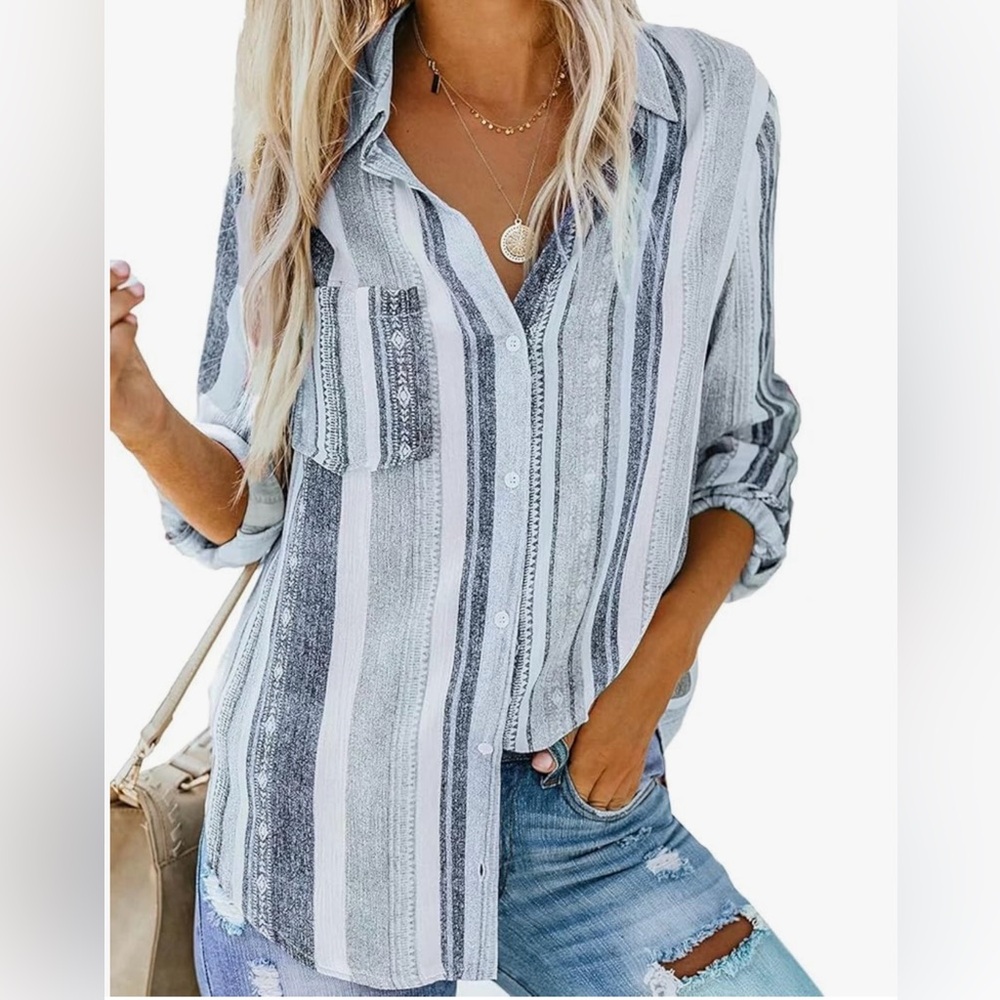NWT Astylish Women V Neck Striped Roll up Sleeve Button Down Blouse Tops